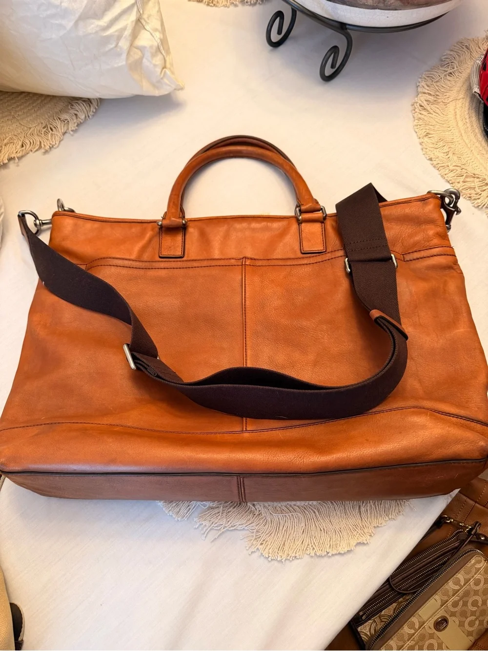 Coach Men's Leather Briefcase in Cognac Brown with Dark Brown Strap